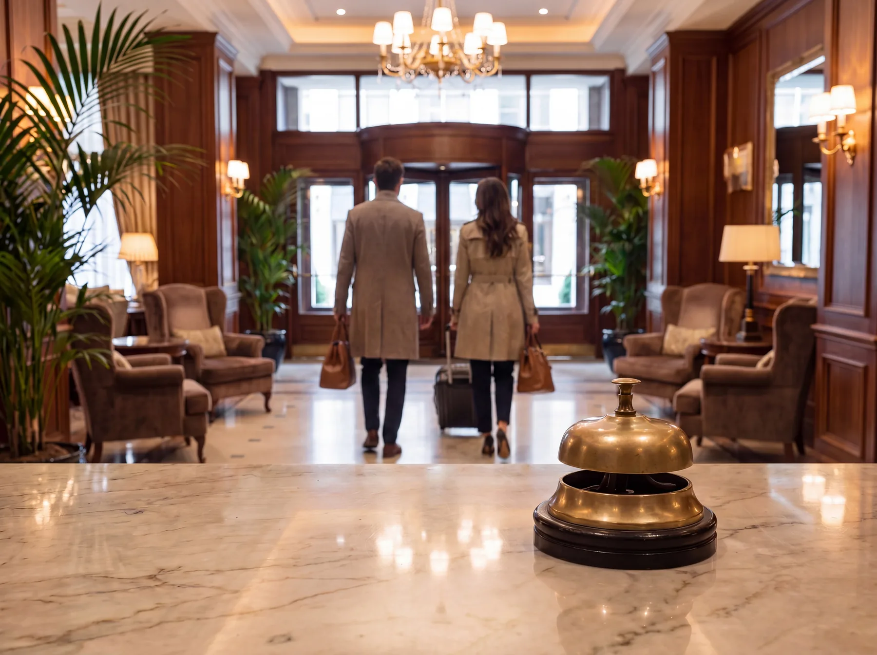 Members leaving a Private Members Club after an evening, with the discreet reception area in the foreground
